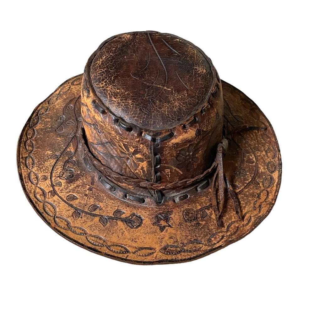 (SOLD) HANDMADE Vintage Hand Tooled Leather Mexican Western Cowboy Hat Hat O/S - Picture 11 of 15
